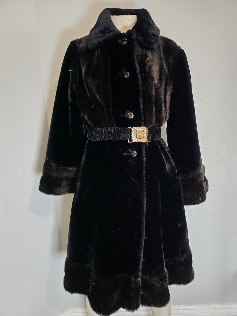Vintage Borgana by Russel Taylor Black Brown Faux Fur Coat with Gold Buckle Belt